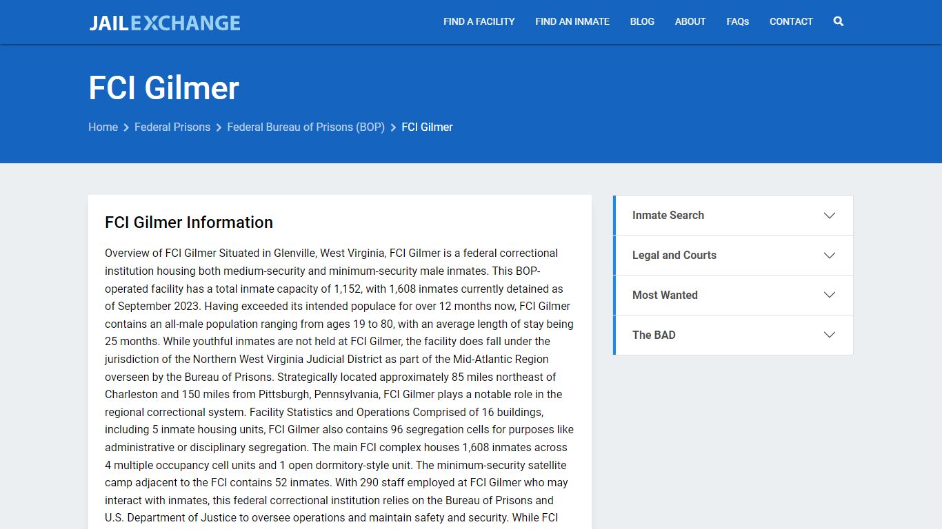 Federal Inmate Search - FCI Gilmer - Jail Exchange