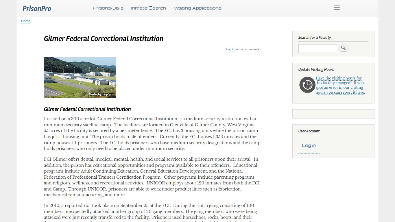 Gilmer Federal Correctional Institution Visiting hours, inmate phones, mail